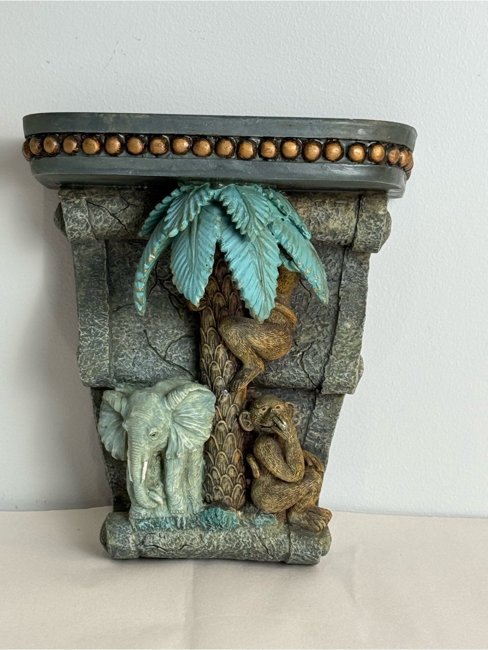 Figural Elephant and Monkeys Resin Wall Shelf Jungle Theme Whimsical Garden